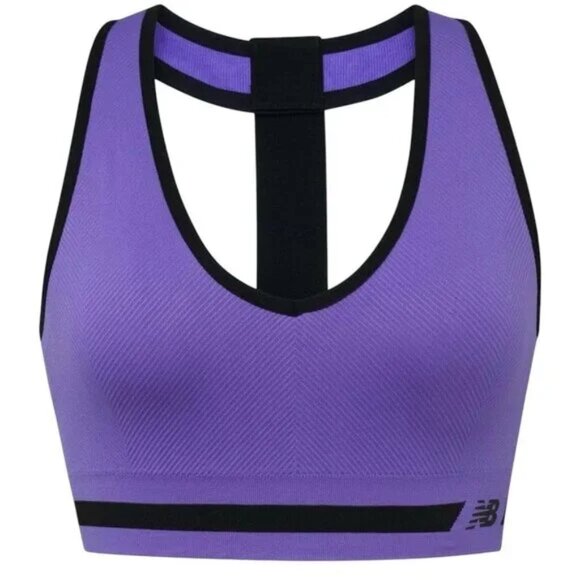 New Balance Seamless Medium Impact Sports Bra - Purple & Black Racerback Stretch - Picture 1 of 10